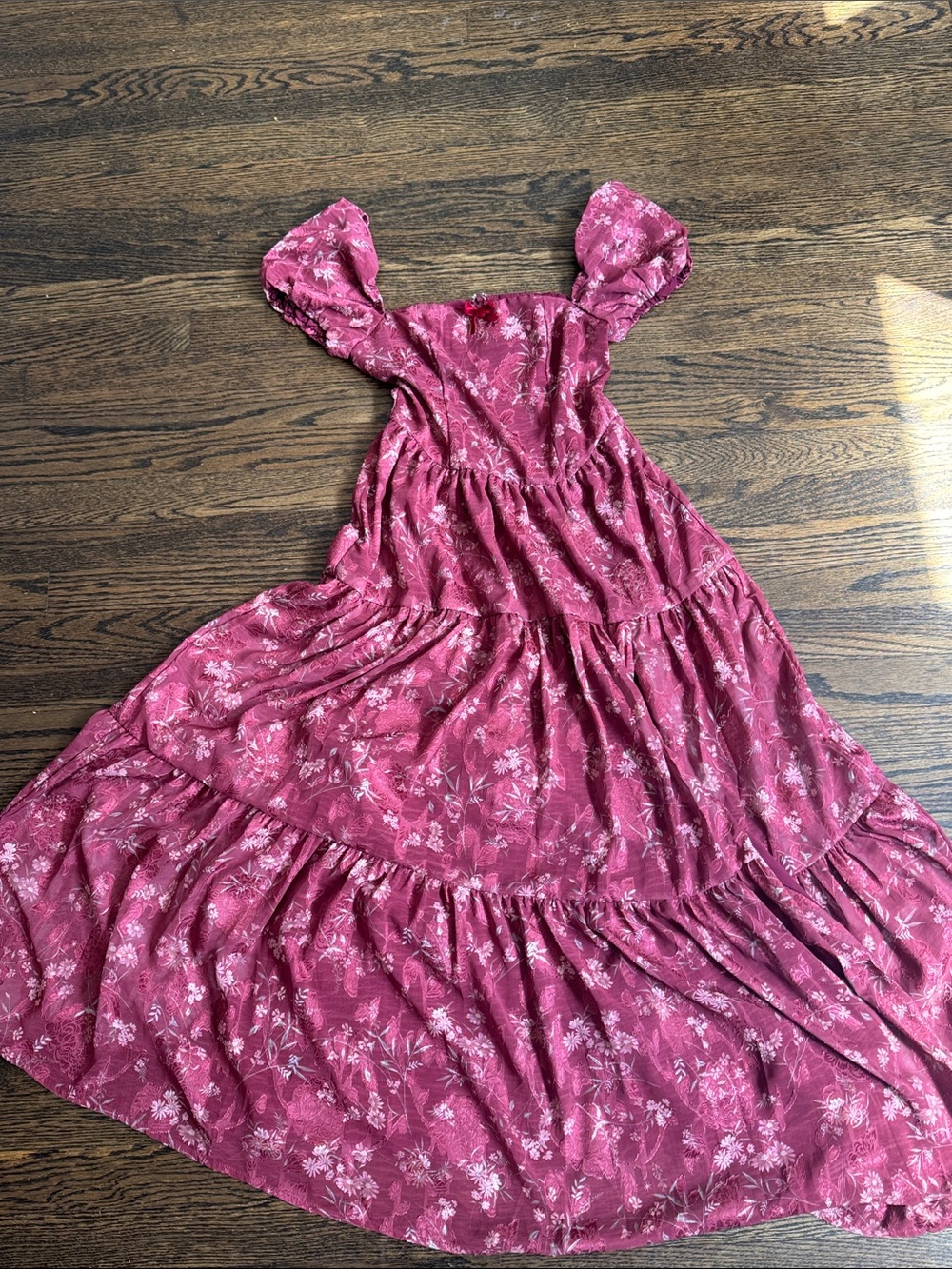 Altar'd State Burgundy Floral Puff Sleeve Tiered Dress NWOT